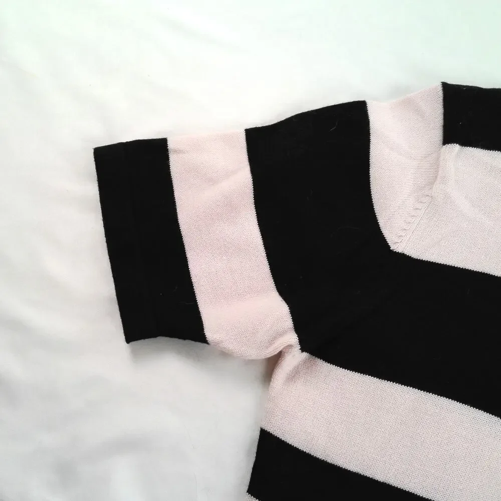 Yarnworks Women’s Medium Pink & Black Striped Knit Sweater Top Short Sleeve